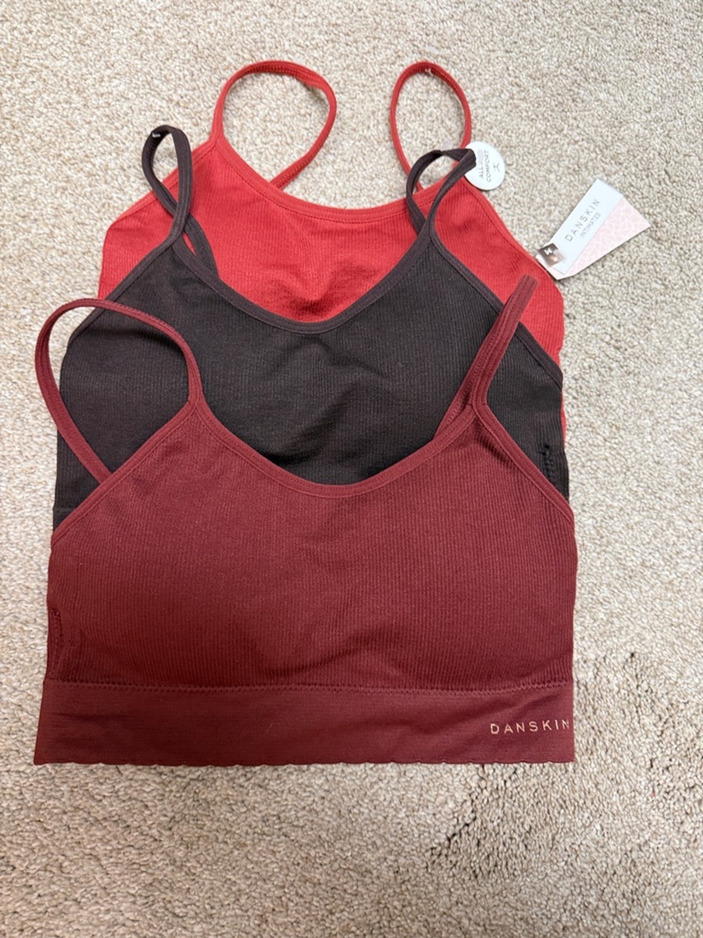 Danskin Seamless Ribbed Bralette 3-Pack in Red, Black, Burgundy